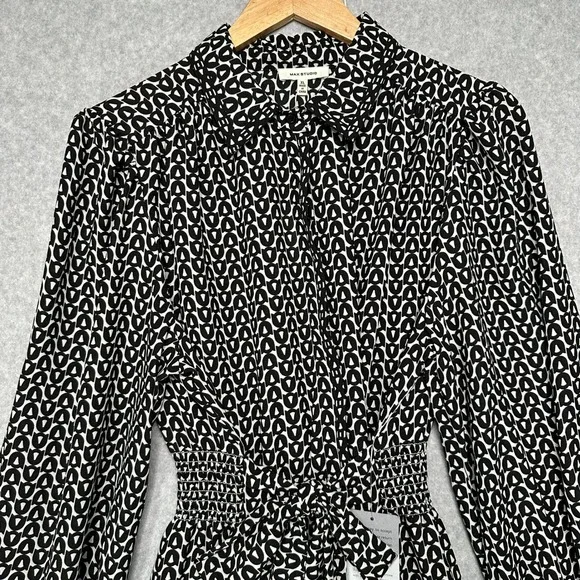 Max Studio Womens XL Black White Geometric Tiered Midi Dress Smocked Waist NEW - Picture 2 of 5
